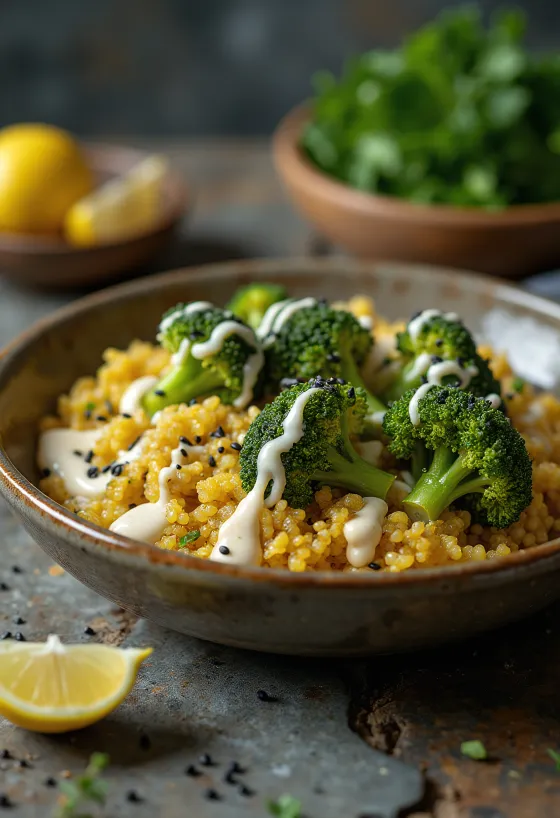 Broccoliquinoabowl med lime- och currytahini serverad