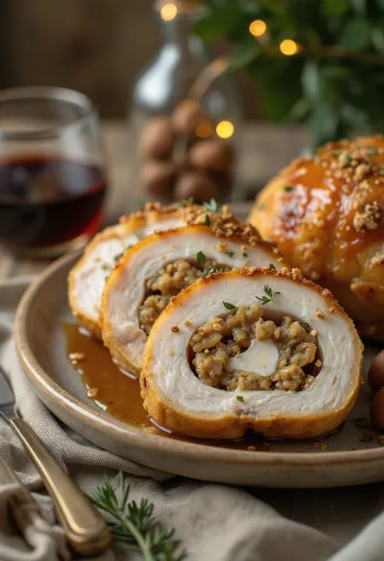 Saftiga kastanjefyllda kalkonbröstskivor serverade med grönsaker