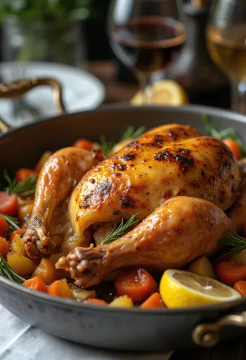 Helstekt pärlhöna serverad med rostade grönsaker