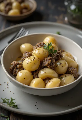 Haggis gnocchi, en läcker rätt serverad med krämig gräddsås och färsk rosmarin