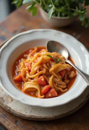 Kålgryta med tomat serverad med färsk dill och saftiga köttbullar.