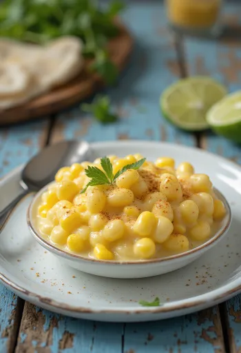 Tamalito majssallad med vanilj, serverad med fetaost och limeskivor