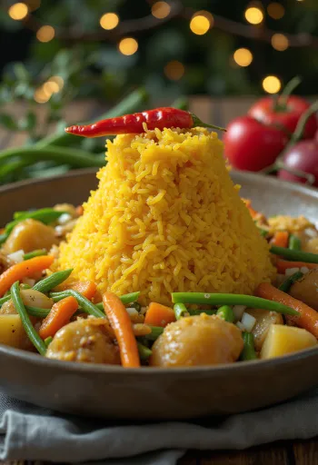 Tumpeng serverad med grönsaker, rikt kokosmjölksris med färska grönsaker