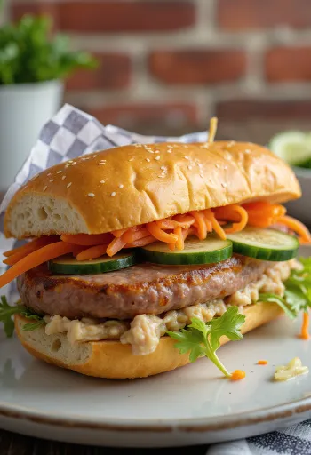 Bánh mì thịt nguội smörgås med kallskuret serverad med färska grönsaker och koriander.