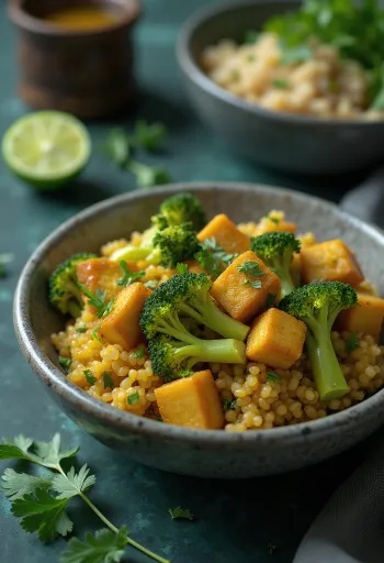 Broccoliquinoabowl med curry och limetofu serverad