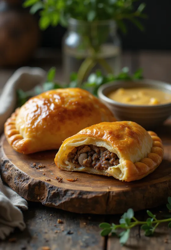 Empanadas de pino – chilensk köttempanada gräddad gyllenbrun, serverad på tallrik