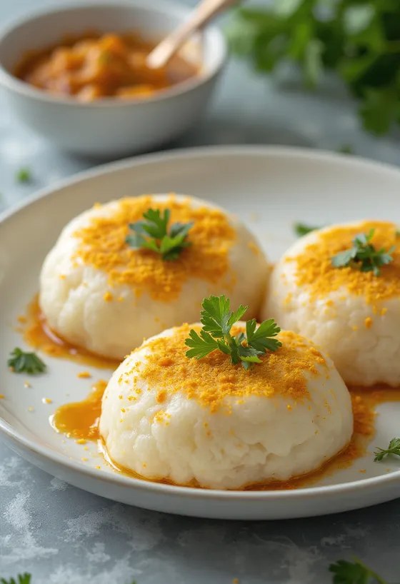 Idli med podi indisk rätt med ångade risbollar, garnerad med pumpafrön och koriander
