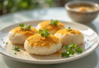 Idli med podi indisk rätt med ångade risbollar, garnerad med pumpafrön och koriander