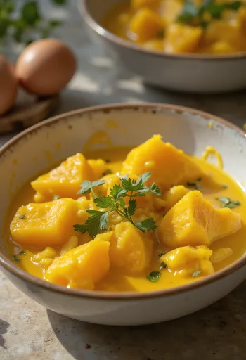 Auberginecurry med sötpotatis serverad