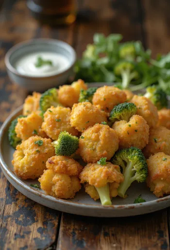 Krispig panerad broccoli stekt gyllenbrun, serverad på tallrik med färska citronskivor