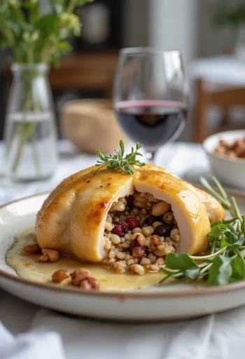 Fylld vaktel med vildris serverad på tallrik