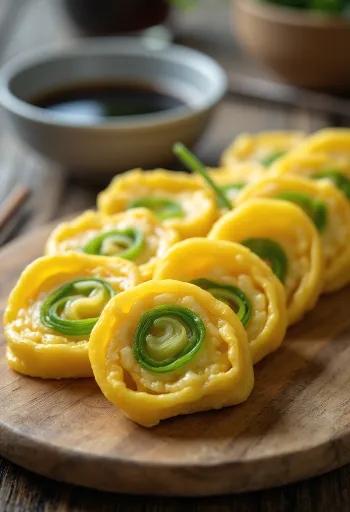 Tamagoyaki med salladslök, serverad med soja och mirin