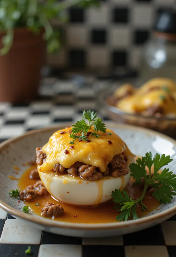 Fylld aubergin med krispig ost på toppen, garnerad med färska örter