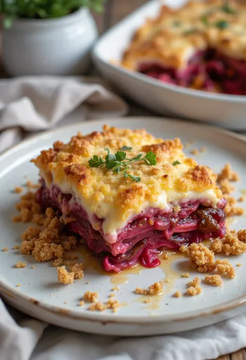 Vegansk auberginemoussaka med rödbetor