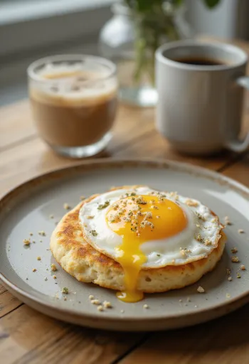 Crumpet med ägg, gyllenbruna, mjuka bakverk