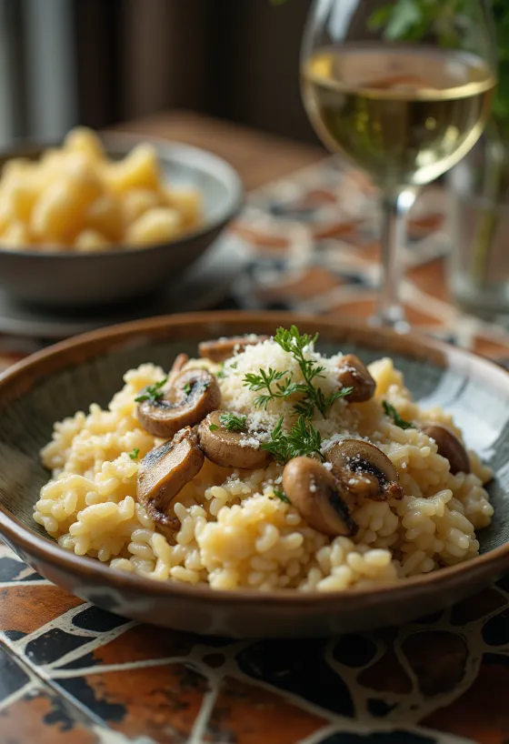 Svampotto serverad med färska örter och parmesanost