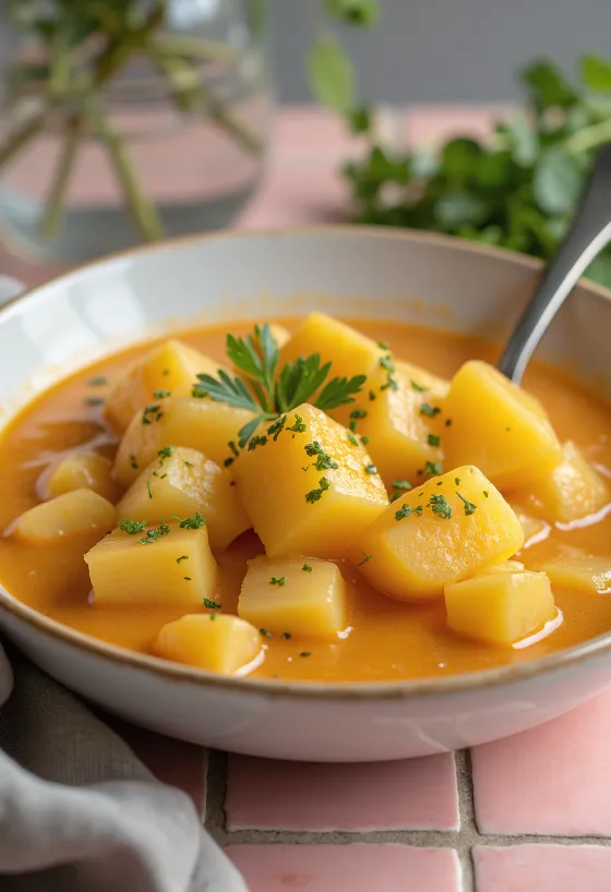 Klassisk potatisstuvning med gräddfilsredning, dekorerad med färsk persilja.