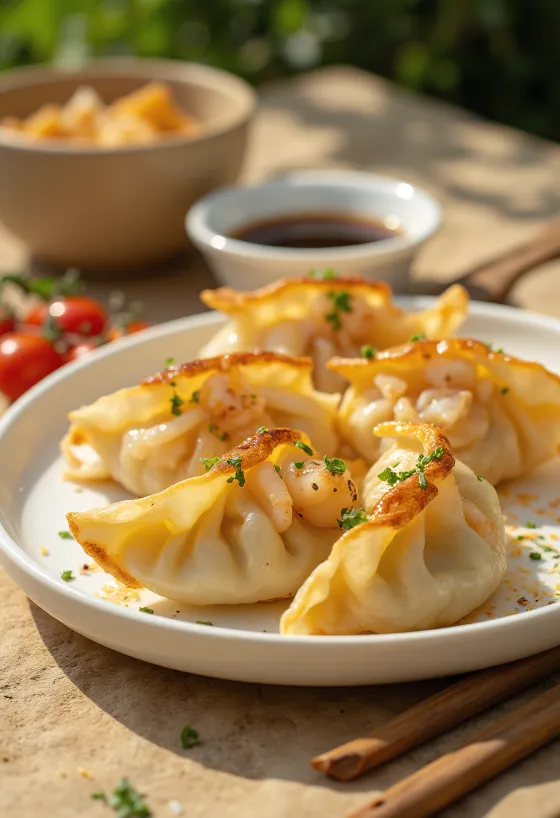Seafood gyoza serverad med skaldjursfyllning och dipp