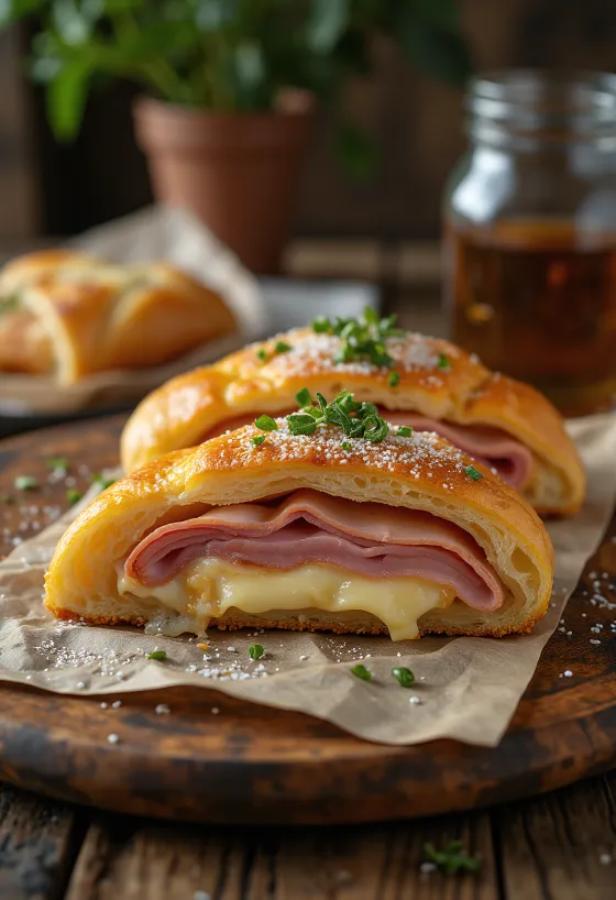 Stromboli med basilika, fylld med färsk ost och kryddor, gyllenbrun yta