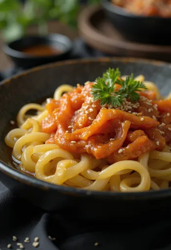 Takuan med kimchi, koreansk rätt, kombination av sur rättika och kryddig kimchi med färsk koriander
