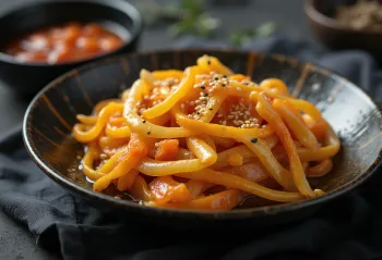 Takuan med kimchi, koreansk rätt, kombination av sur rättika och kryddig kimchi med färsk koriander