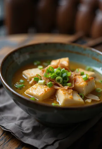 Sujebi-soppa med tofu, serverad med handrivna nudlar och färsk persilja