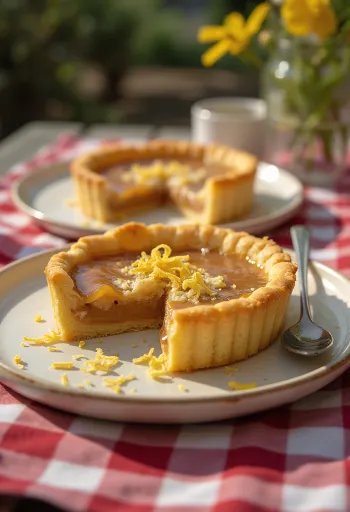 Treacle tart med karamellfyllning, skivad, serverad med färsk karamellsirap