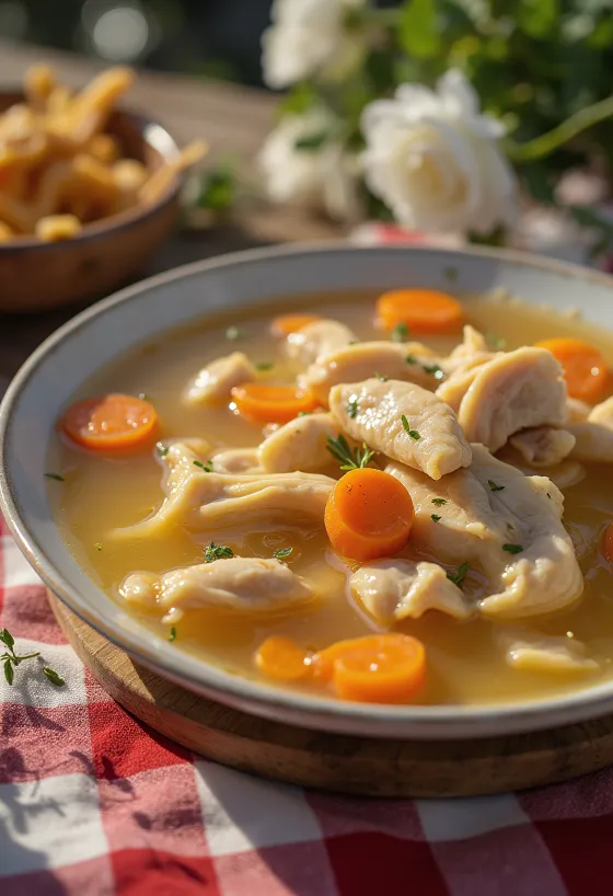 Het kycklingsoppa med grönsaker och vermicelli