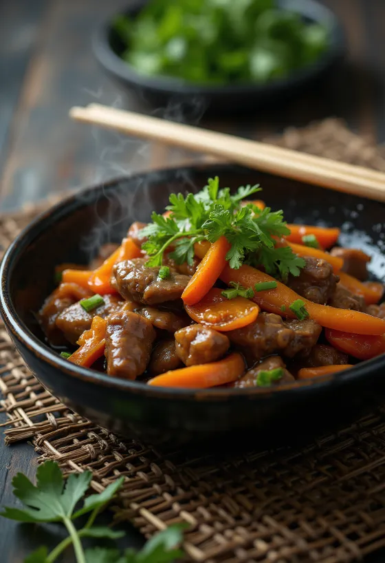 Wokad biff med ingefära serverad med grönsaker