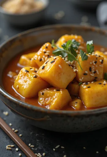 Auberginestuvning med sesam serverad