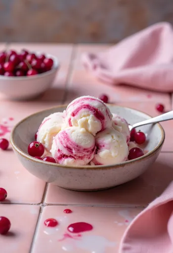 Glass med röda vinbär och kvarg i skål