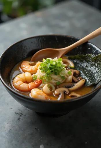 Seafood ramen serverad med tigerräkor och bläckfisk