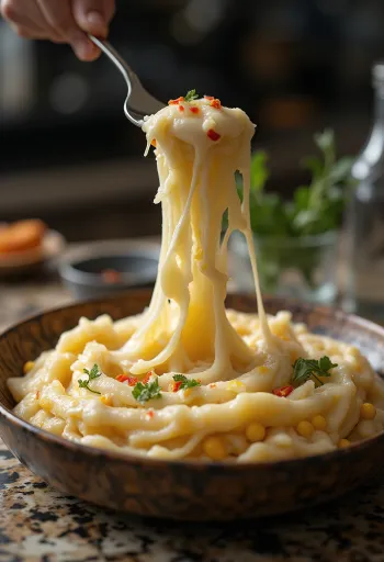 Elarji med chili, georgisk majsgröt med ost, kokad trådig