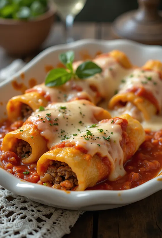 Cannelloni med köttfärs serverad med tomatsås och smält ost