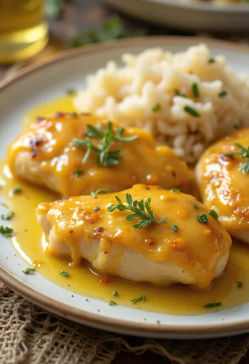 Saftigt honungs- och senapskycklingbröst stekt krispigt, serverat med färska grönsaker.