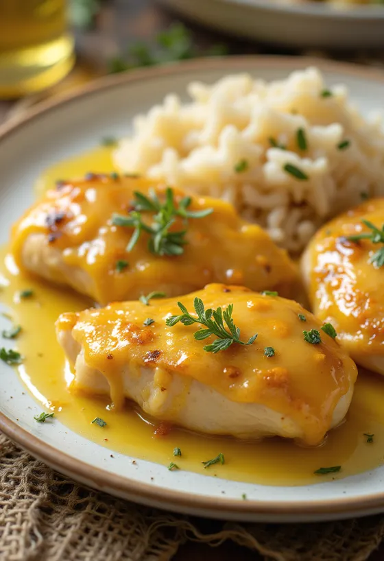 Saftigt honungs- och senapskycklingbröst stekt krispigt, serverat med färska grönsaker.