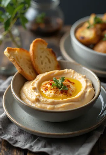 Auberginedip med rostad paprika serverad