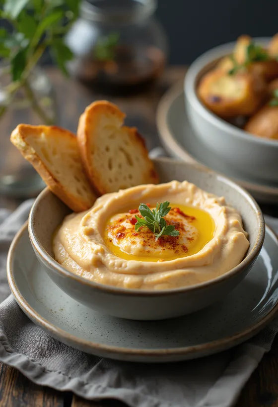 Auberginedip med rostad paprika serverad