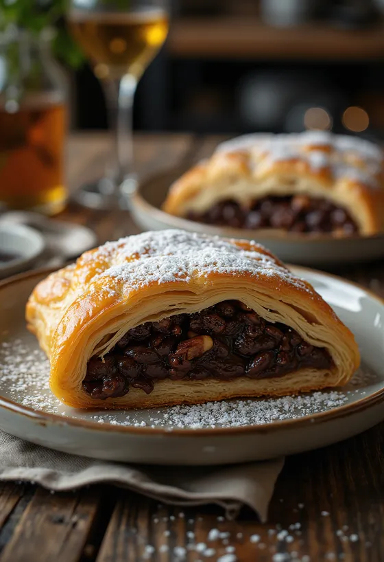 Chokladstrudel serverad på en tallrik