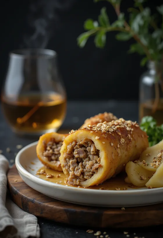 Haggis serverad med kokt potatis och kålrot