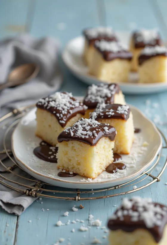 Kokosrutor med chokladöverdrag och kokosflingor