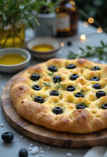 Focaccia med rosmarin och svarta oliver serverad