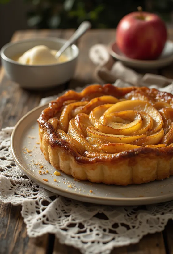 Tarte Tatin med karamell, färska bakade äpplen, karamelliserat socker och krispig smördeg