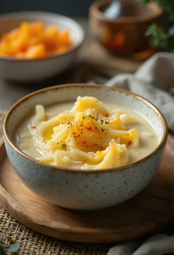 Krämig pumpagryta med dill och gräddfil, serverad med färsk fralla.