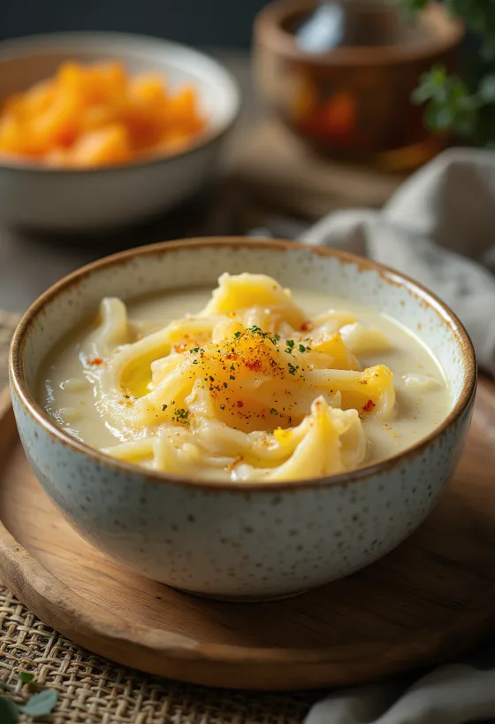 Krämig pumpagryta med dill och gräddfil, serverad med färsk fralla.