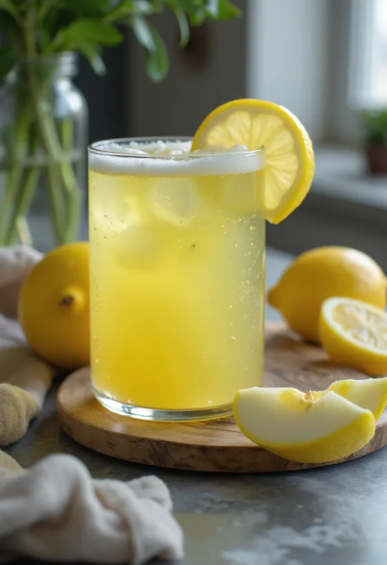 Äppel- och citronjuice i högt glas, dekorerad med färska äppel- och citronskivor
