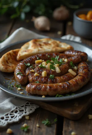 Cevapi med vitlök, nystekt och vackert gyllenbrun, serverad på pitabröd