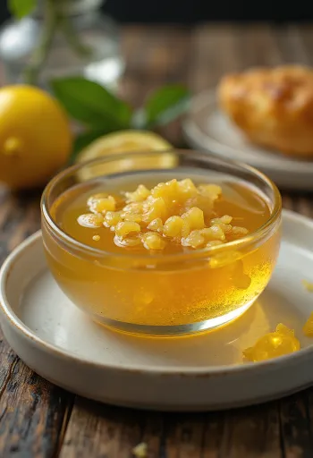 Honungs- och citronglaze med ingefära i en skål, dekorerad med citronskivor och ingefära.