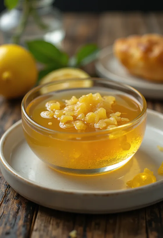 Honungs- och citronglaze med ingefära i en skål, dekorerad med citronskivor och ingefära.