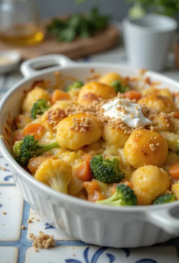 Grönsaksgratäng med mjukbakade grönsaker, krämig sås och smält ost på toppen